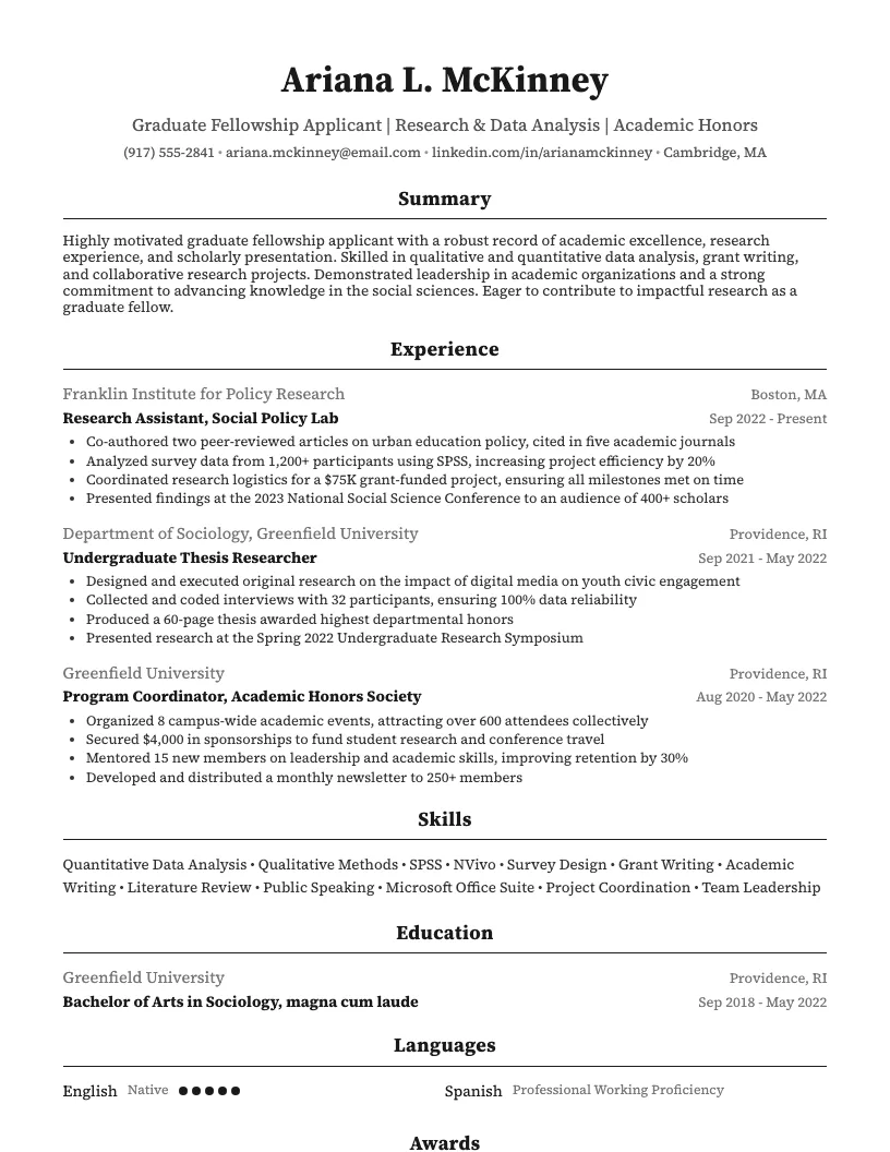 Graduate Fellowship Applicant Resume Example