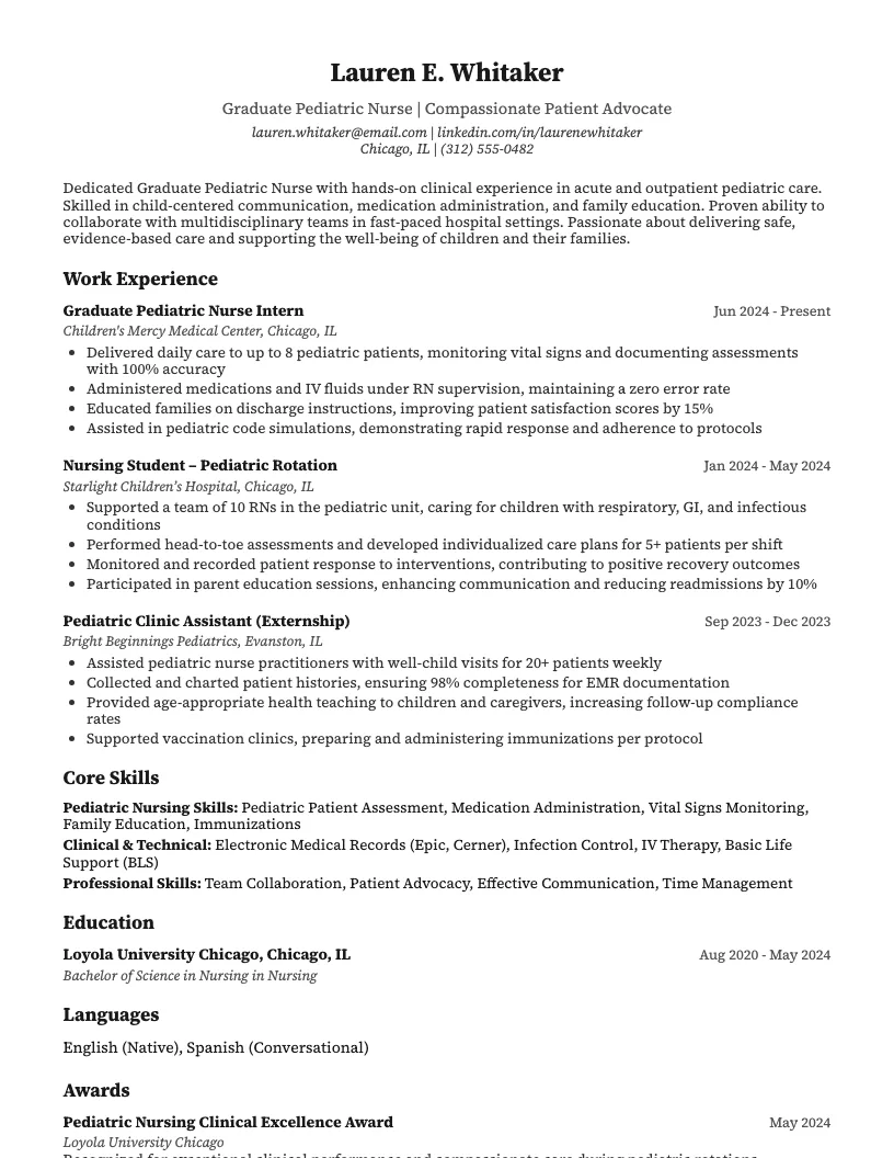 Graduate Pediatric Nurse Resume Example
