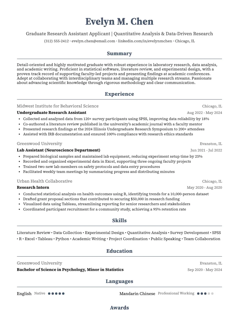 Graduate Research Assistant Applicant Resume Example
