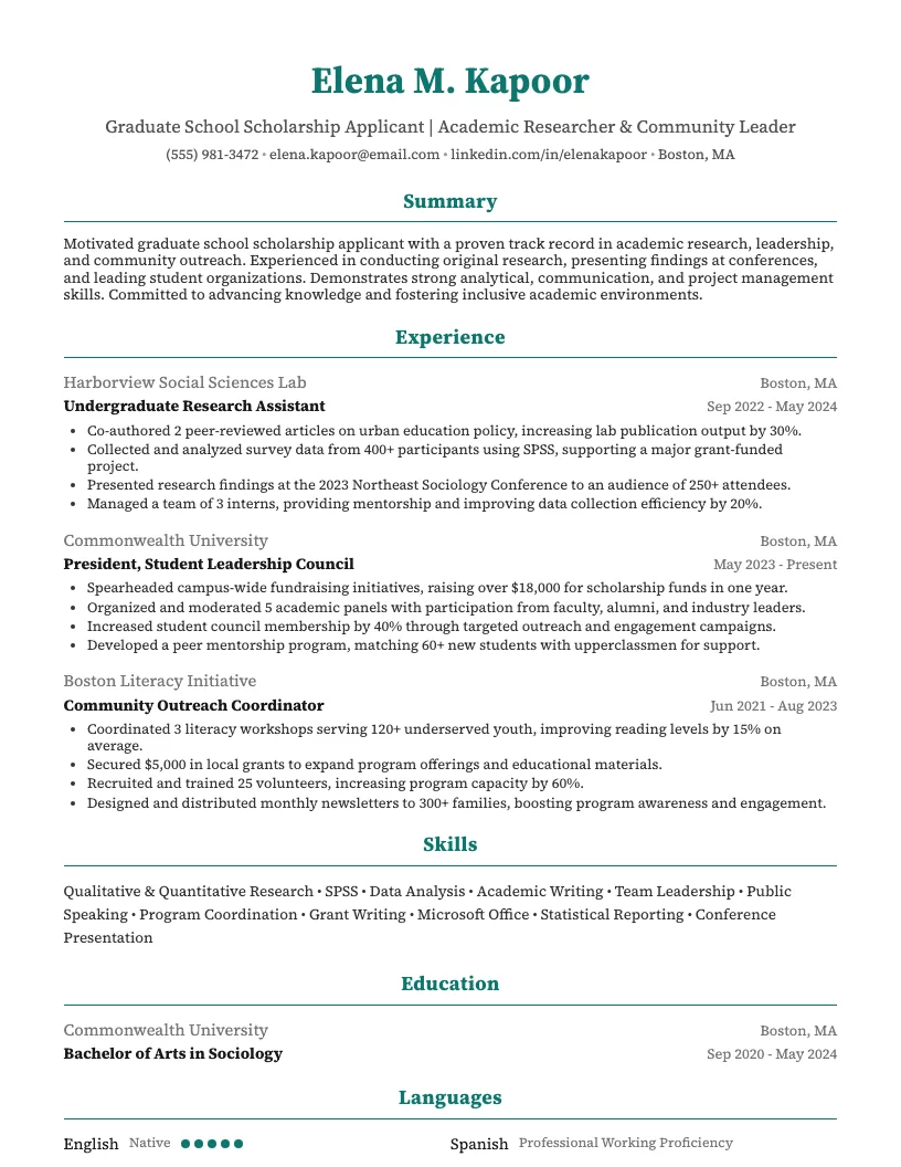 Graduate School Scholarship Applicant Resume Example