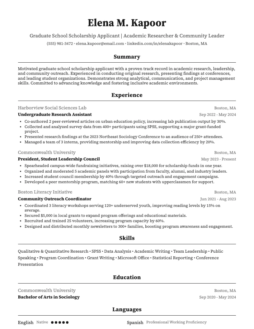 Graduate School Scholarship Applicant Resume Example