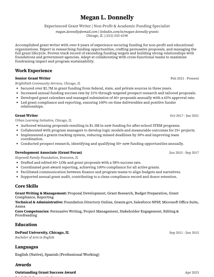 Grant Writer Resume Example