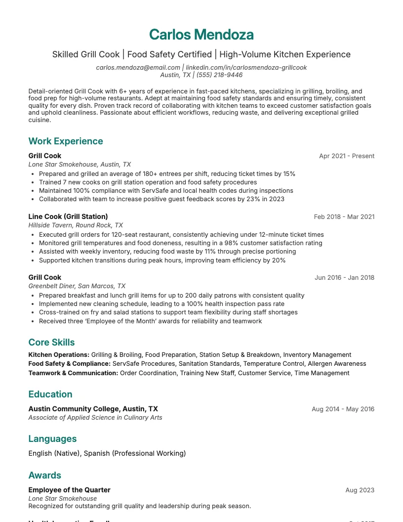 Grill Cook Resume Example