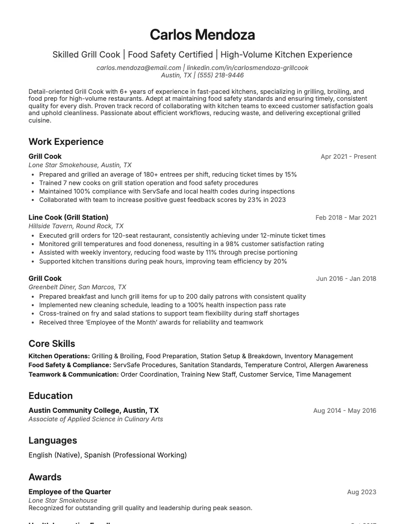 Grill Cook Resume Example
