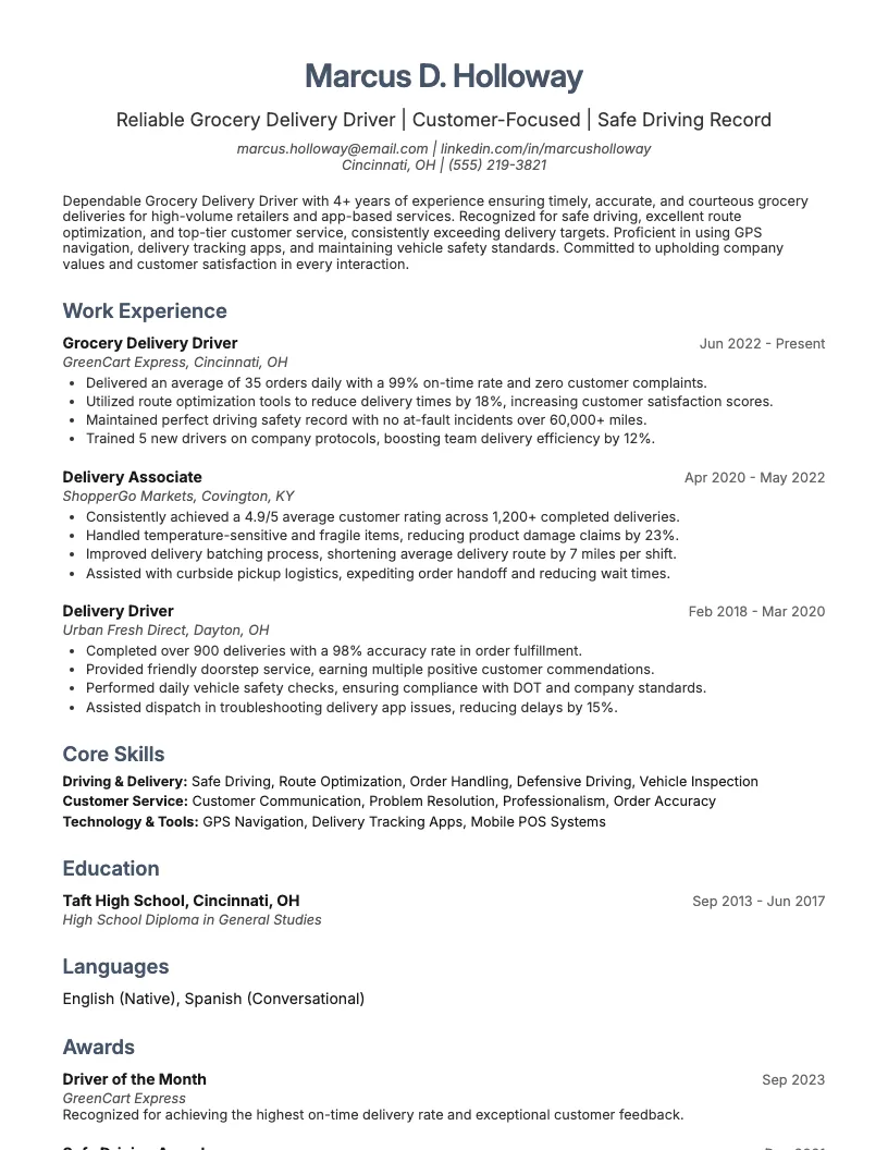 Grocery Delivery Driver Resume Example