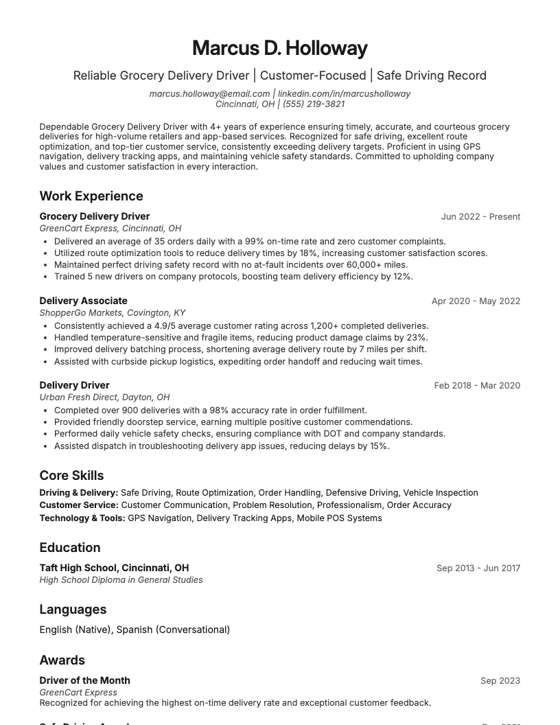 Grocery Delivery Driver Resume Example