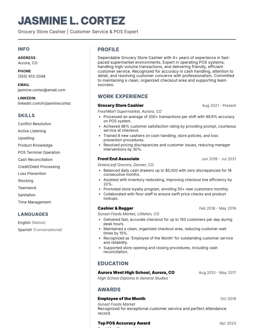 Grocery Store Cashier Resume Example
