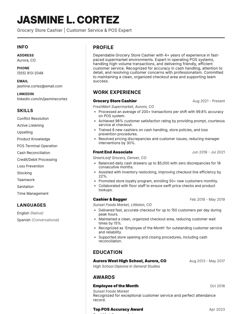 Grocery Store Cashier Resume Example