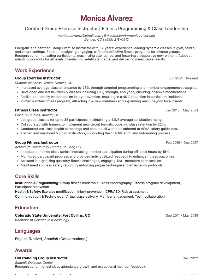 Group Exercise Instructor Resume Example