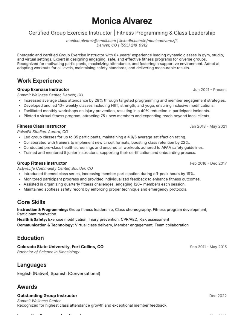 Group Exercise Instructor Resume Example