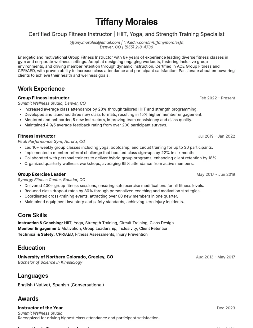 Group Fitness Instructor Resume Example