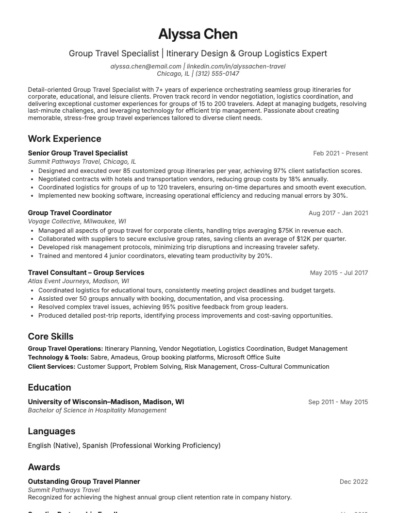 Group Travel Specialist Resume Example