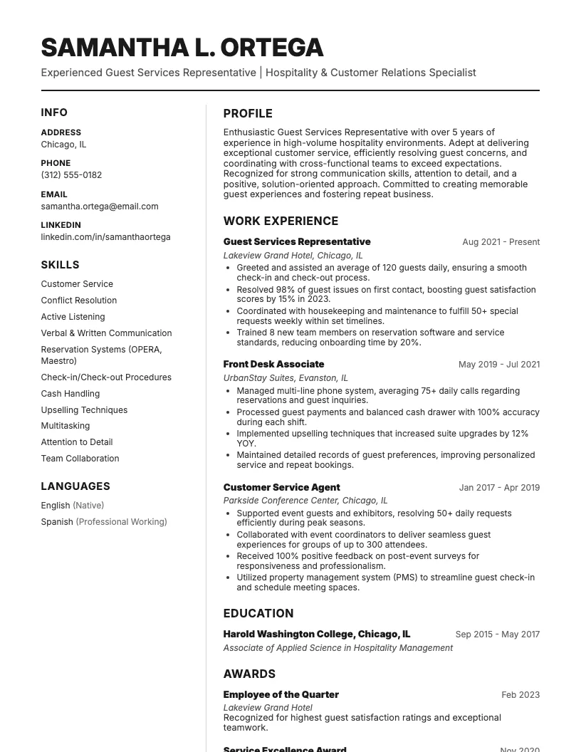 Guest Services Representative Resume Example