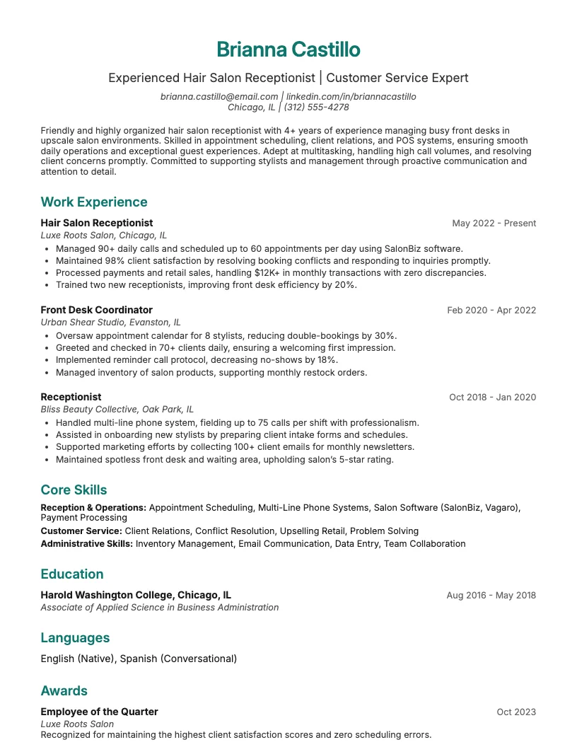 Hair Salon Receptionist Resume Example