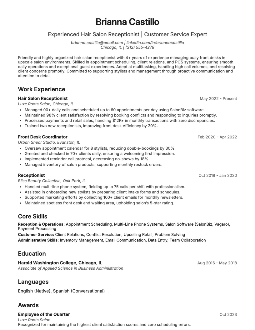 Hair Salon Receptionist Resume Example