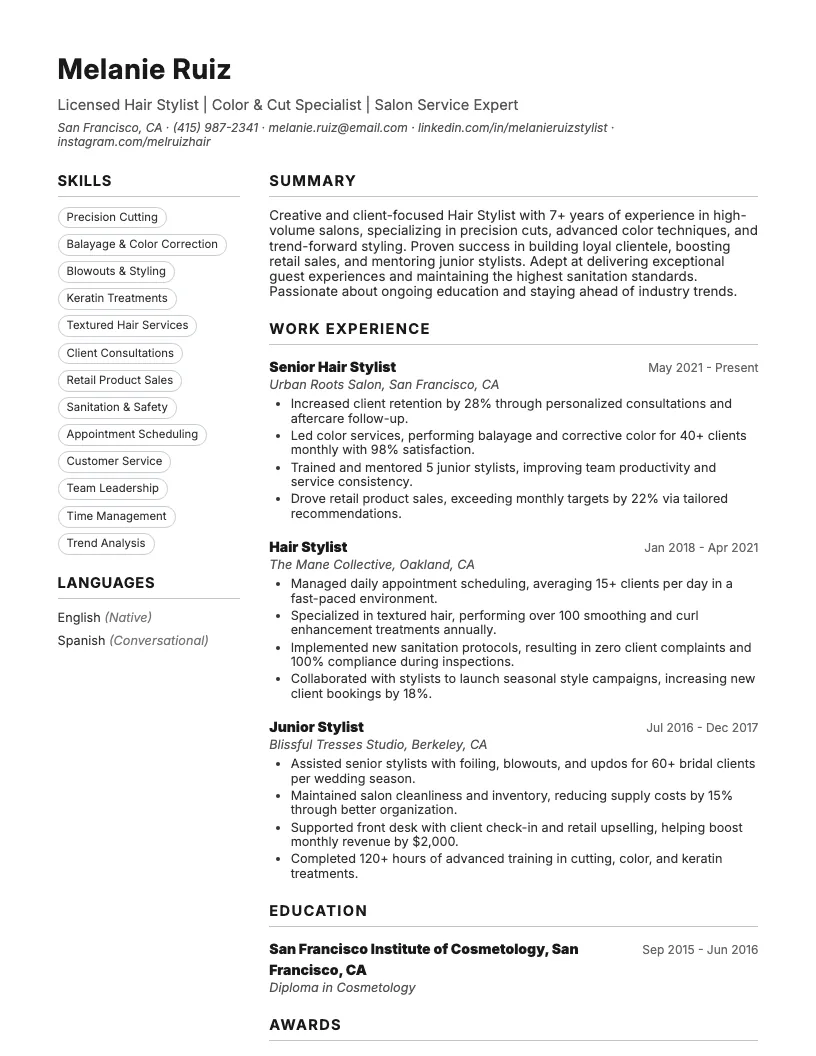 Hair Stylist resume example