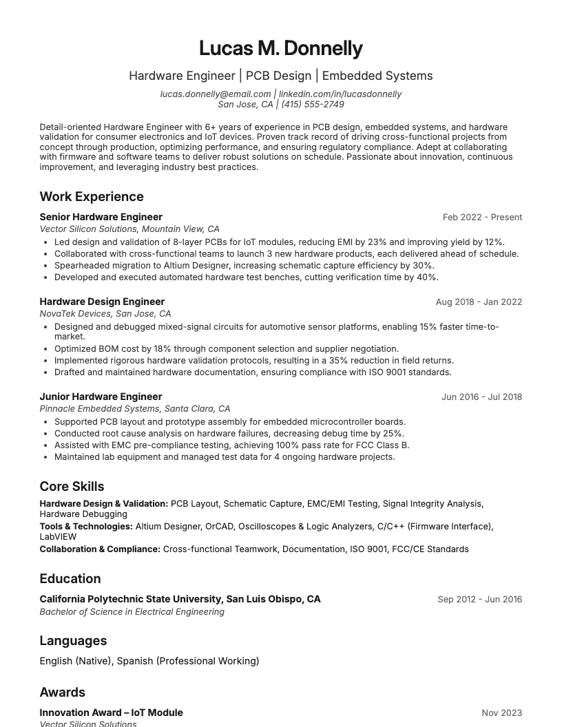 Hardware Engineer Resume Example