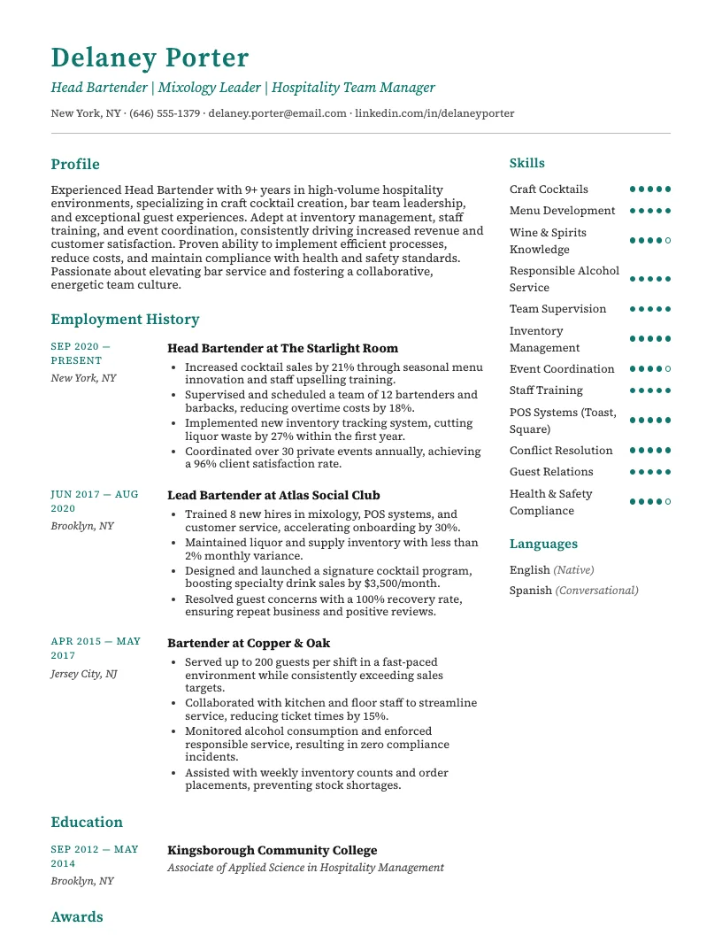 Head Bartender Resume Example