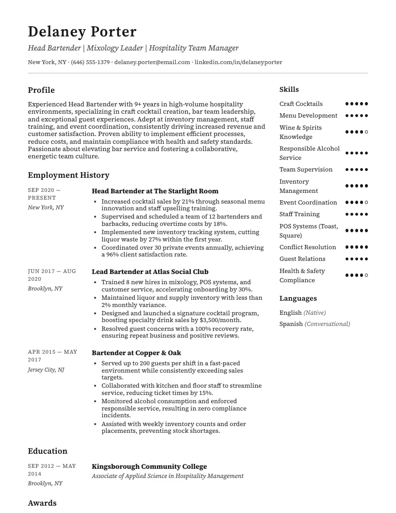 Head Bartender Resume Example