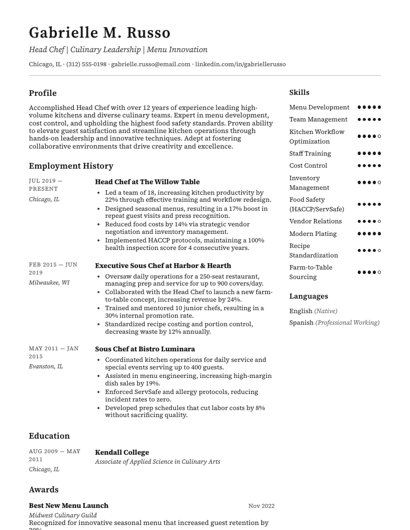 Head Chef Resume Example