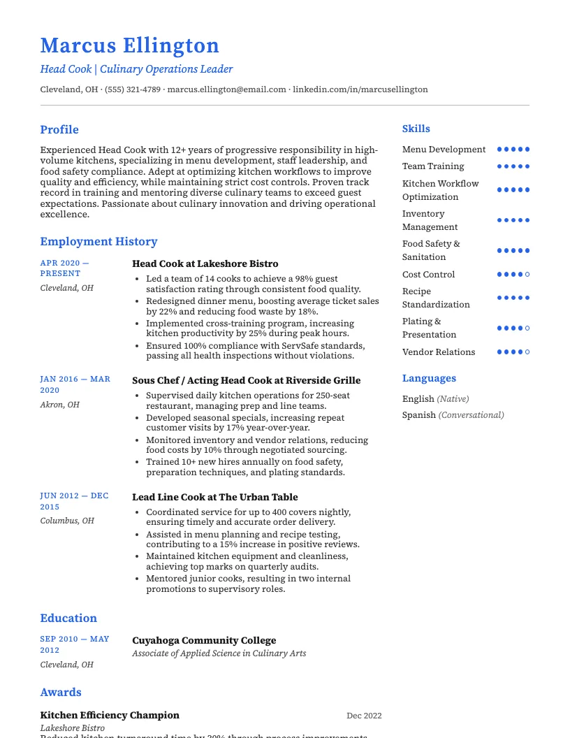 Head Cook Resume Example