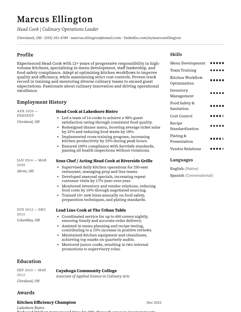 Head Cook Resume Example