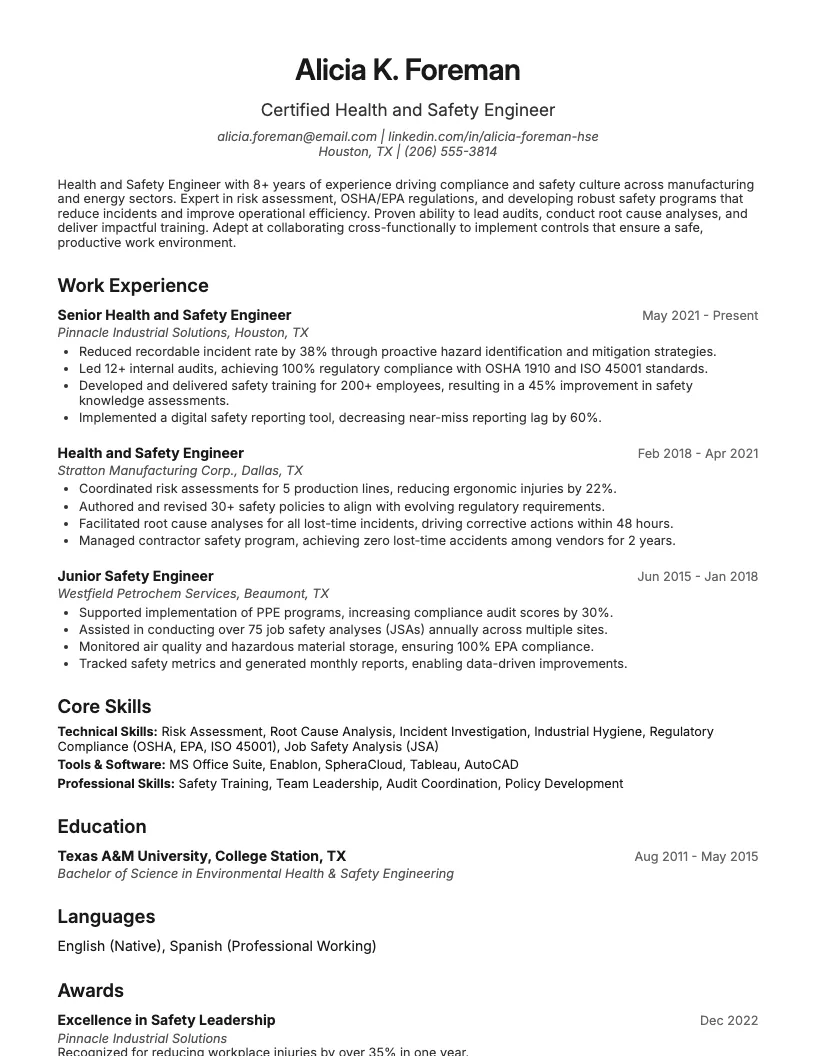 Health And Safety Engineer Resume Example