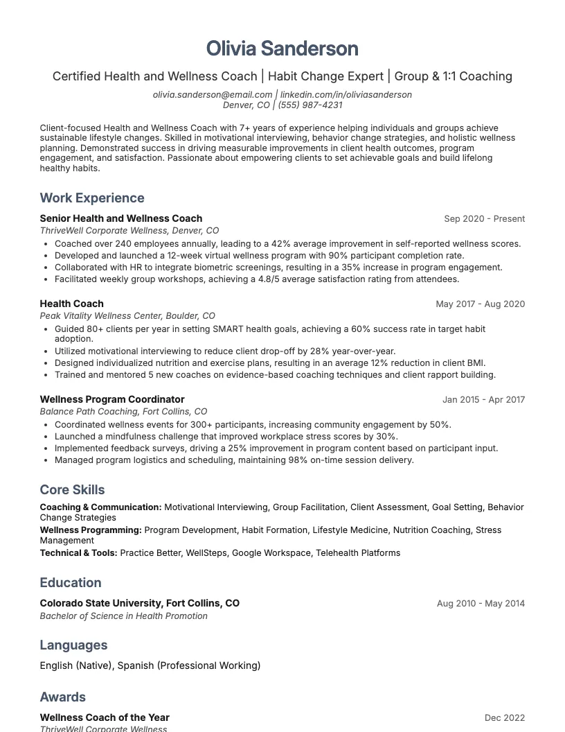 Health And Wellness Coach Resume Example