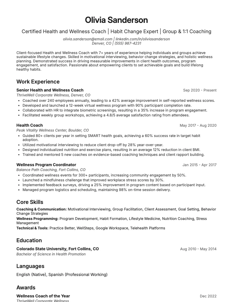 Health And Wellness Coach Resume Example