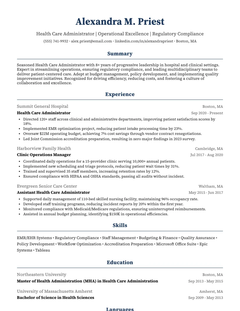 Healthcare resume example