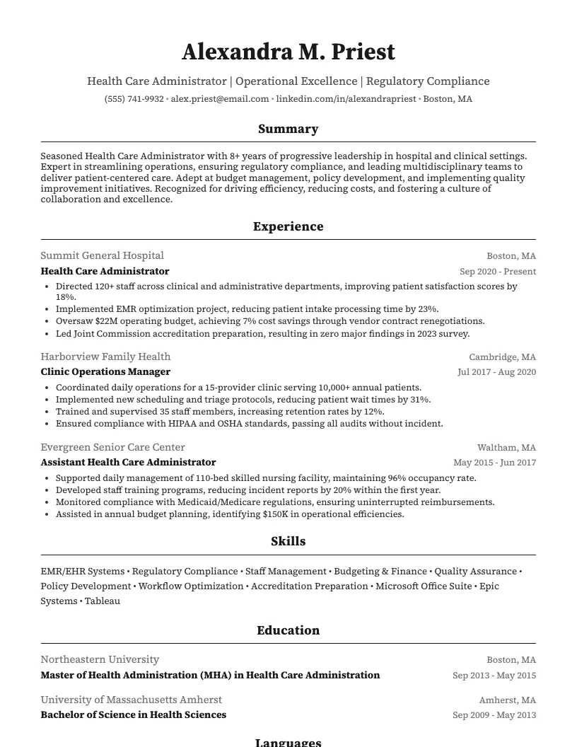 Health Care Administrator Resume Example