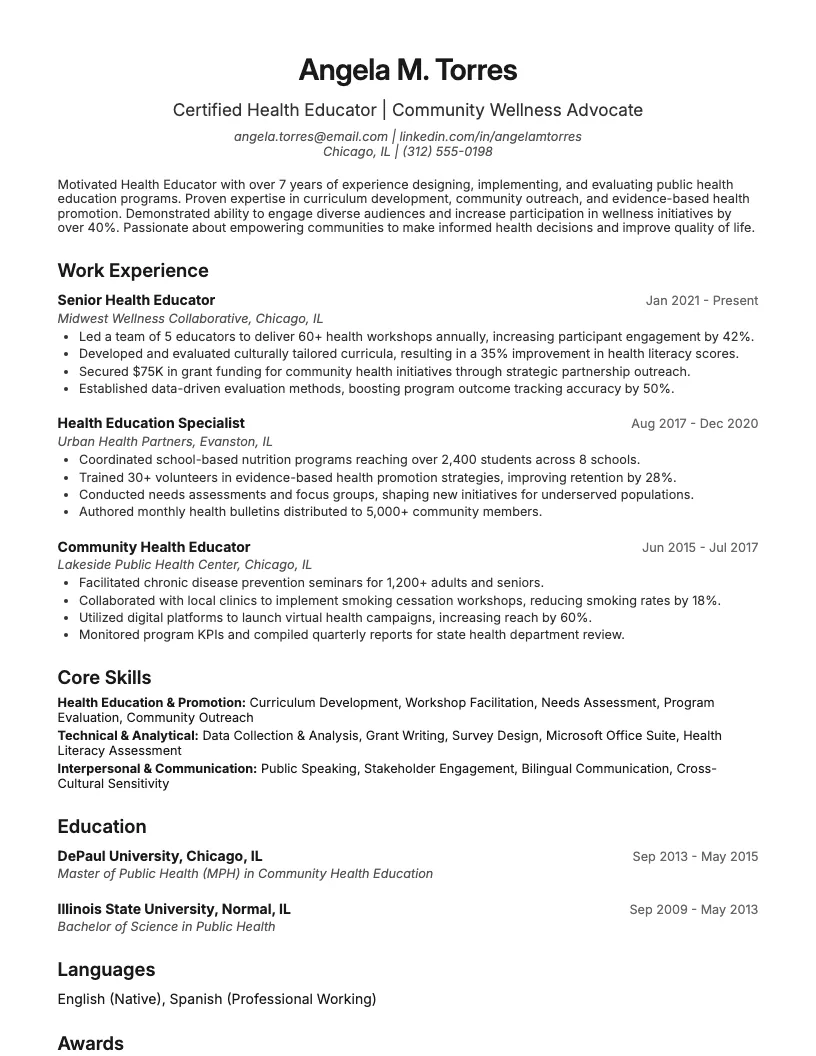 Health Educator Resume Example