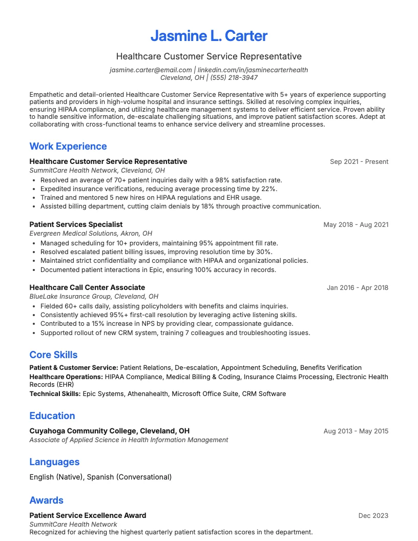 Healthcare Customer Service Representative Resume Example