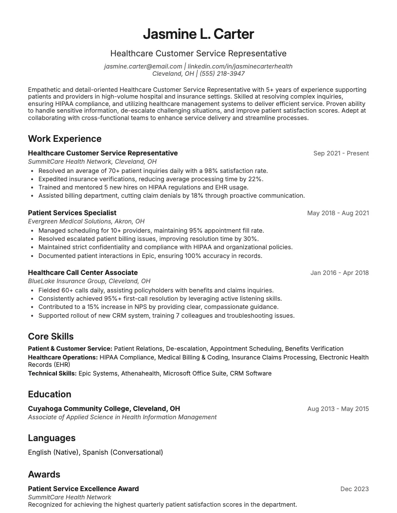Healthcare Customer Service Representative Resume Example