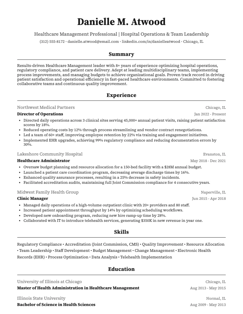 Healthcare Management Resume Example