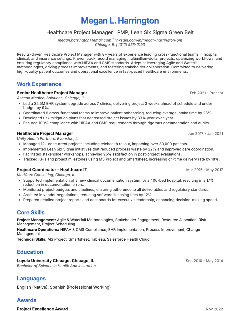 Healthcare Project Manager Resume Example