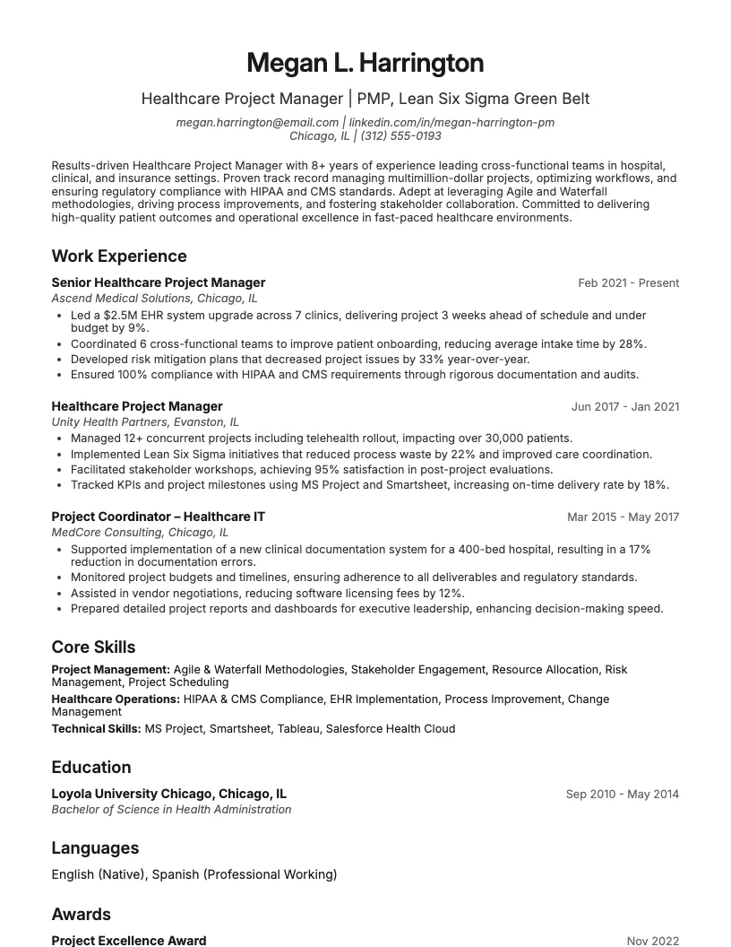 Healthcare Project Manager Resume Example