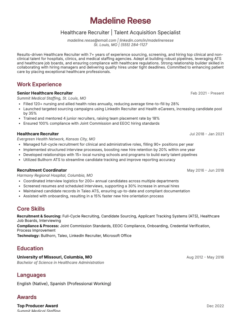Healthcare Recruiter Resume Example