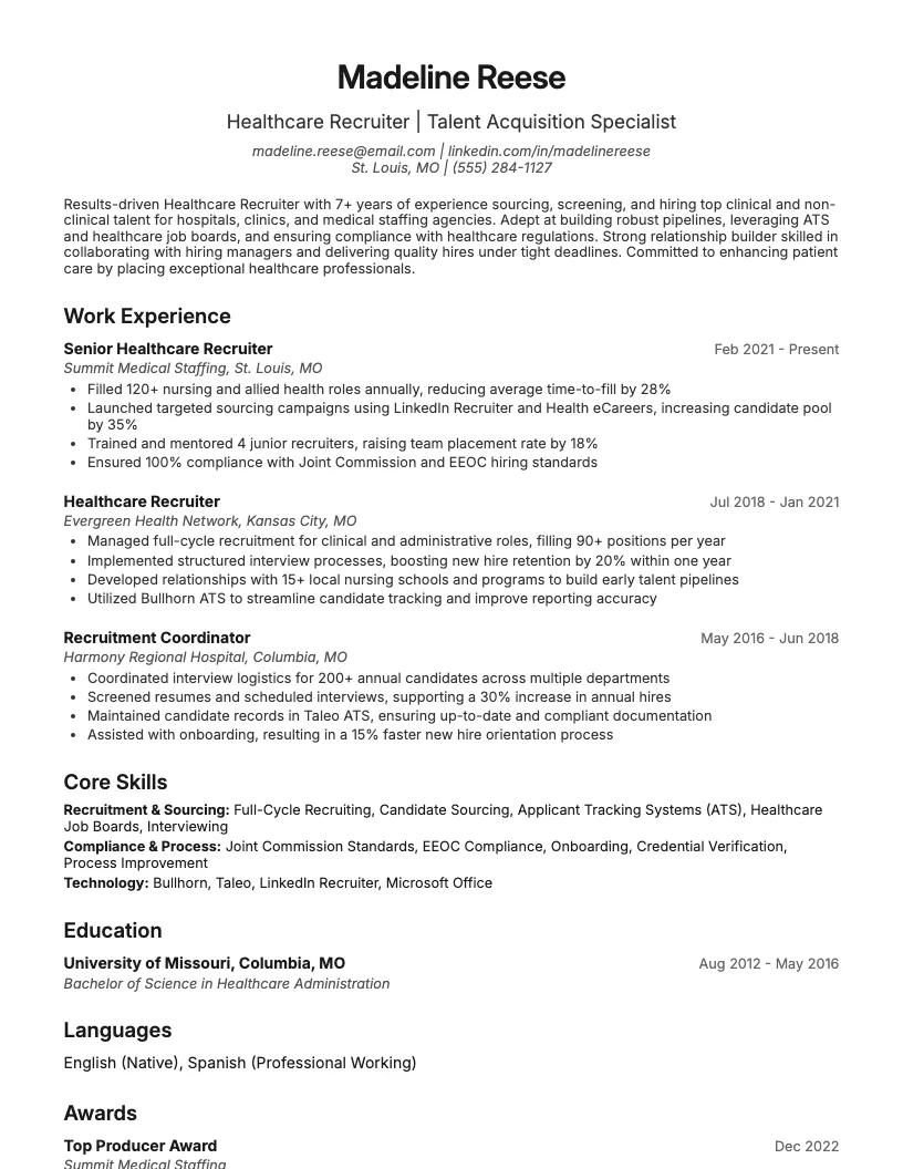 Healthcare Recruiter Resume Example