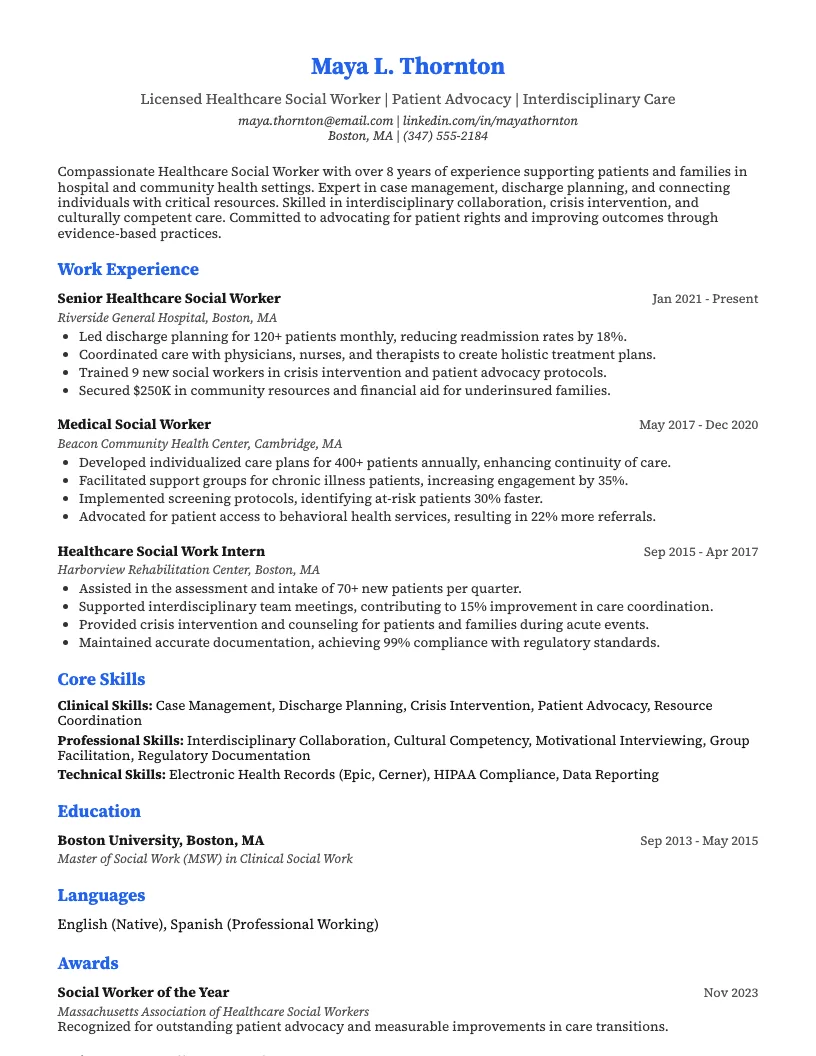 Healthcare Social Worker Resume Example