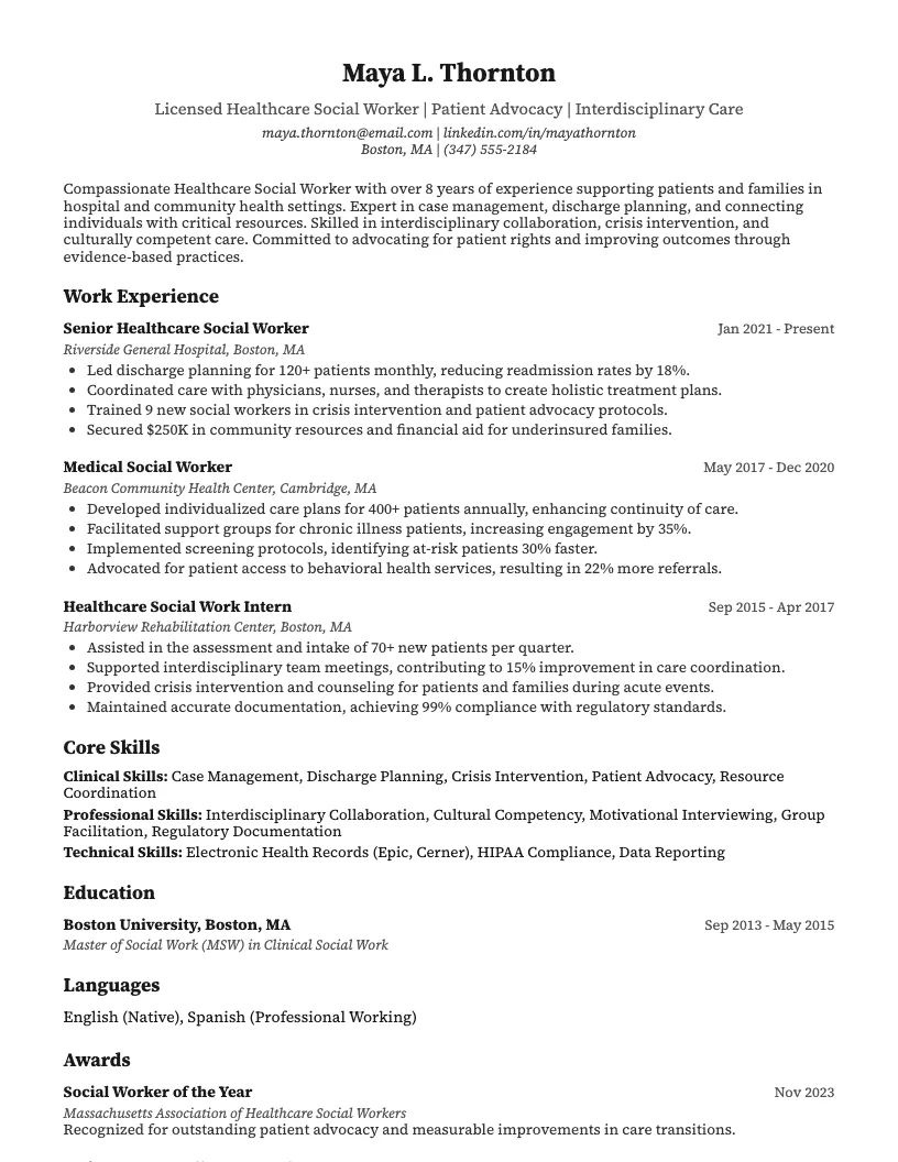 Healthcare Social Worker Resume Example