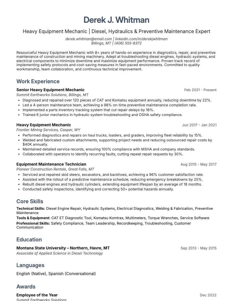 Heavy Equipment Mechanic Resume Example