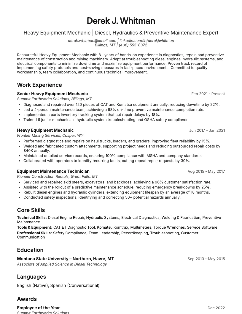 Heavy Equipment Mechanic Resume Example