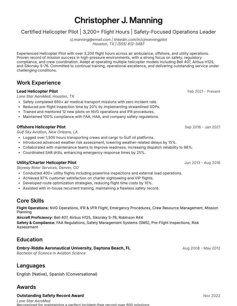 Helicopter Pilot Resume Example