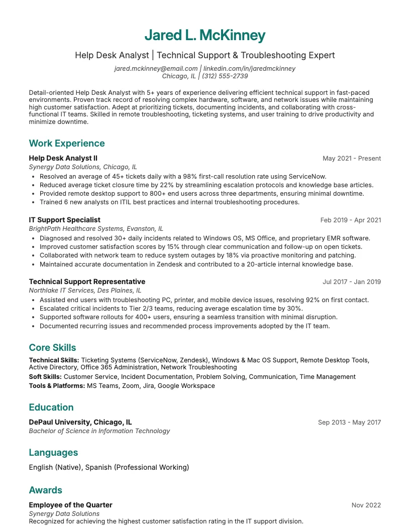 Help Desk Analyst Resume Example