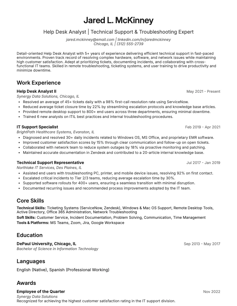 Help Desk Analyst Resume Example
