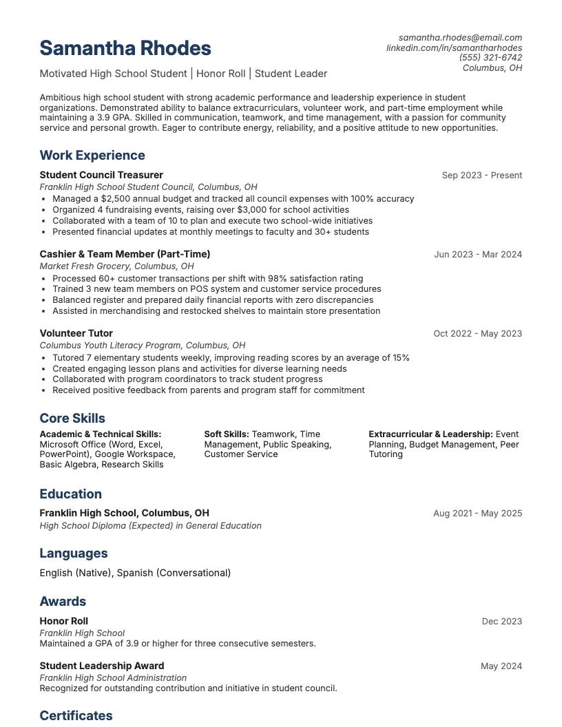 High School Resume for College Application Resume Example