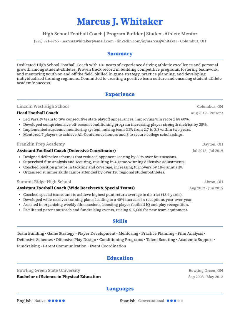 High School Football Coach Resume Resume Example