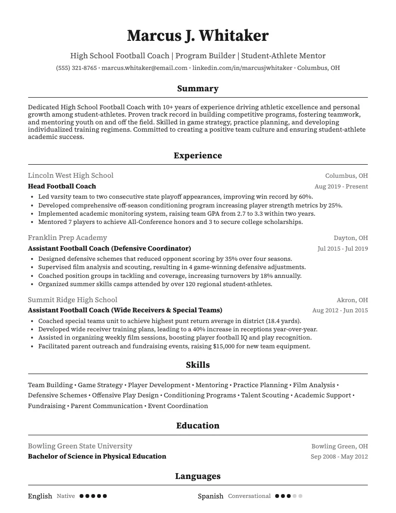 High School Football Coach Resume Resume Example