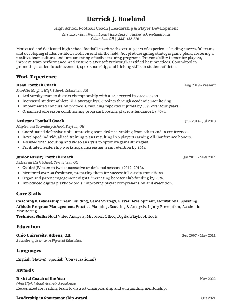 High School Football Coach Resume Example